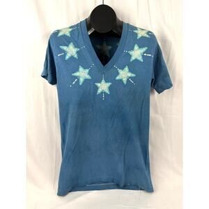 VTG 80s 90s Hand Painted Star T-Shirt Blue Tie Dye Fruit of‎ the Loom LARGE